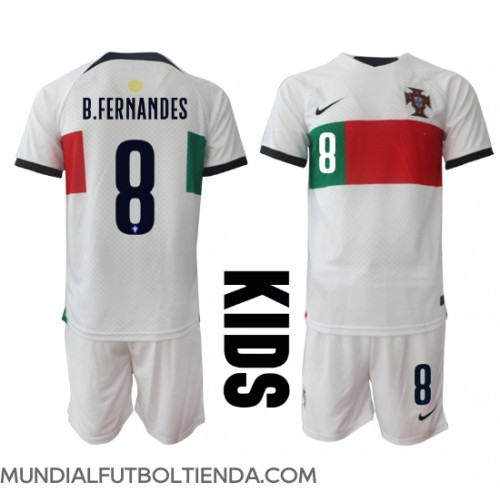 Camiseta Portugal Bruno Fernandes #8 Segunda Equipación Replica Mundial 2022 para niños mangas cortas (+ Pantalones cortos)